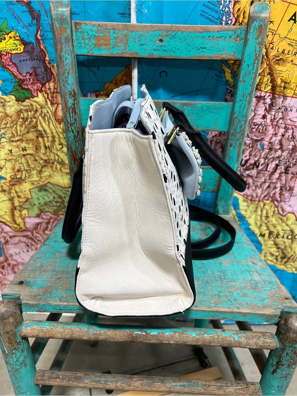 Betsey Johnson White Polka Dot Satchel with Light Blue Bow
